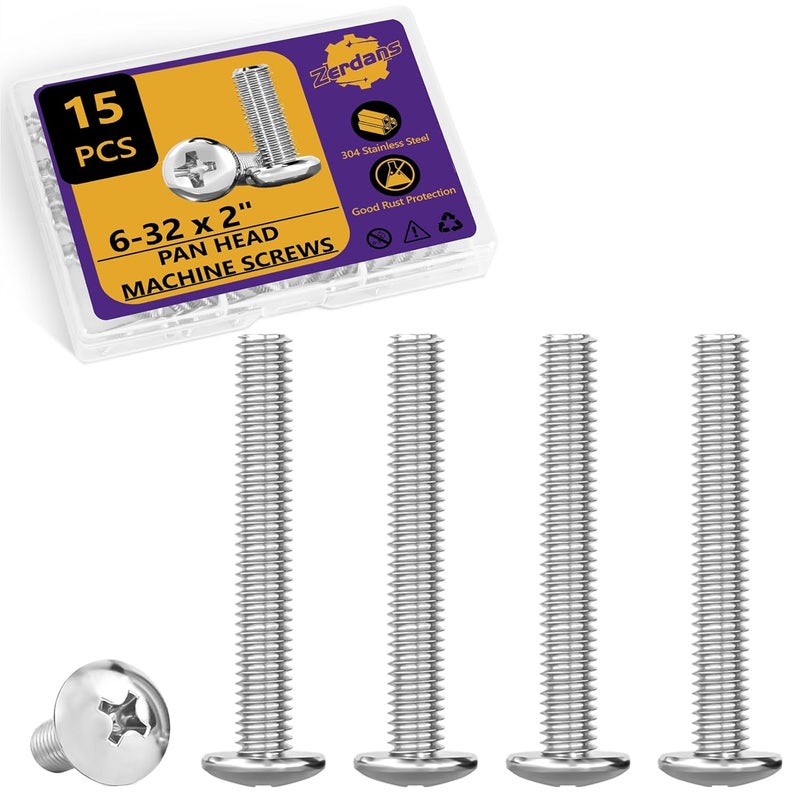 ZerDans 6-32 x 2 Machine Screws, 15 PCS Phillips Pan Head Electrical Outlet Machine Screws 304 Stainless Steel, Wall Plate Receptacles Mounting for Switch Plate, Cabinet Door and Drawer - Image 1