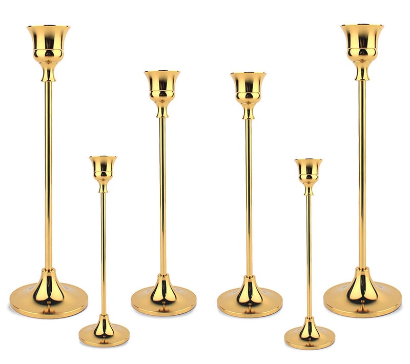 Taper Candle Holder Set of 6 Brass Gold Tall Candlestick Holders Metal Vintage Candle Stickers Long Holder Set Pillar Decorative Candle Holder Fits 34 Inch Candle for Wedding Dinner
