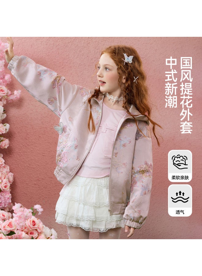 ASK JUNIOR Girls' Outerwear 2025 Autumn Hooded Children's Baseball Jacket Retro Brocade Jacquard - Image 2