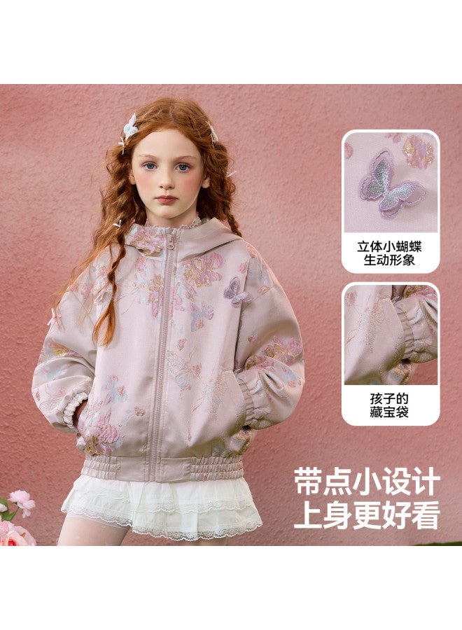 ASK JUNIOR Girls' Outerwear 2025 Autumn Hooded Children's Baseball Jacket Retro Brocade Jacquard - Image 4