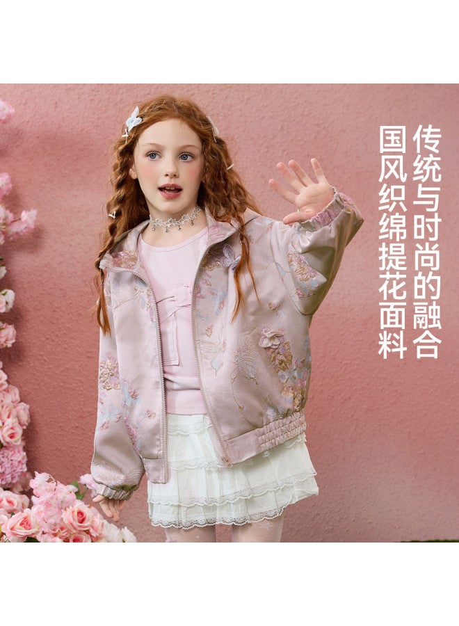 ASK JUNIOR Girls' Outerwear 2025 Autumn Hooded Children's Baseball Jacket Retro Brocade Jacquard - Image 5