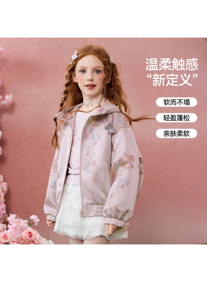 ASK JUNIOR Girls' Outerwear 2025 Autumn Hooded Children's Baseball Jacket Retro Brocade Jacquard - Image 3