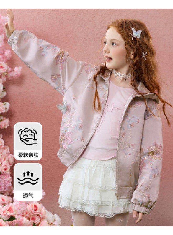 ASK JUNIOR Girls' Outerwear 2025 Autumn Hooded Children's Baseball Jacket Retro Brocade Jacquard - Image 1