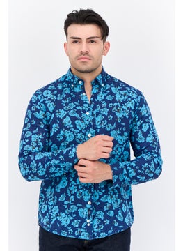 Men Narrow Fit Floral Print Long Sleeves Casual Shirt, Navy Combo