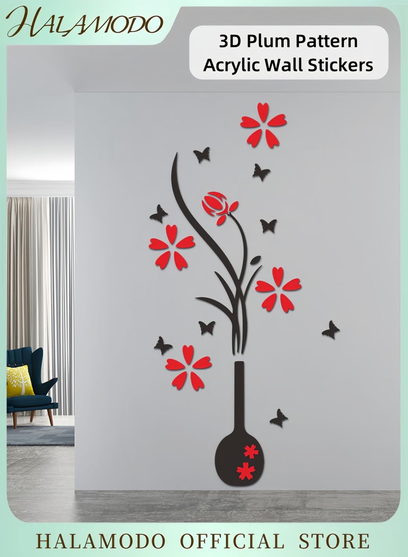 HALAMODO 3D Acrylic Vase And Plum Pattern Wall Sticker Black/Orange - Image 1