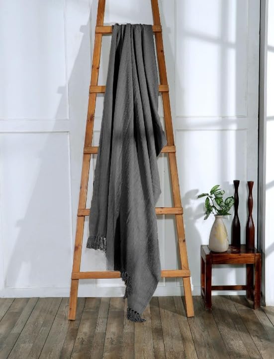 TIB® 100% Cotton Throw Blanket,127x152 cm, Throws for Sofa and Couch 3 Seater 300 TC with Fringes, (Grey) - Image 1