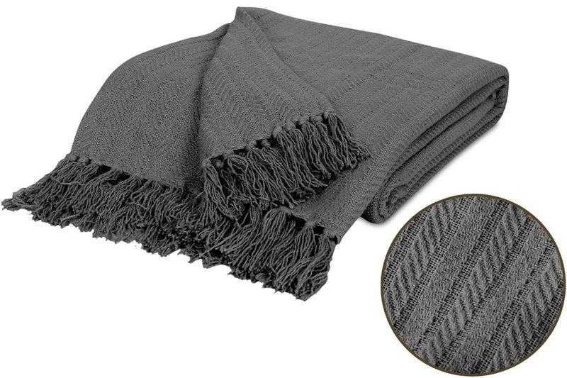 TIB® 100% Cotton Throw Blanket,127x152 cm, Throws for Sofa and Couch 3 Seater 300 TC with Fringes, (Grey) - Image 2