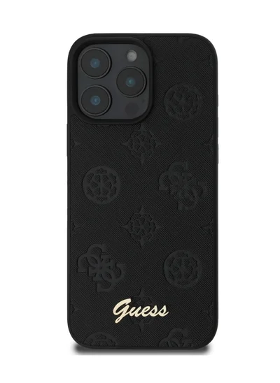 GUESS PU Case With Peony Hot Stamp and Metal Script Logo for iPhone 16 Pro / Ultimate Protection / Durable Back Cover  - Black