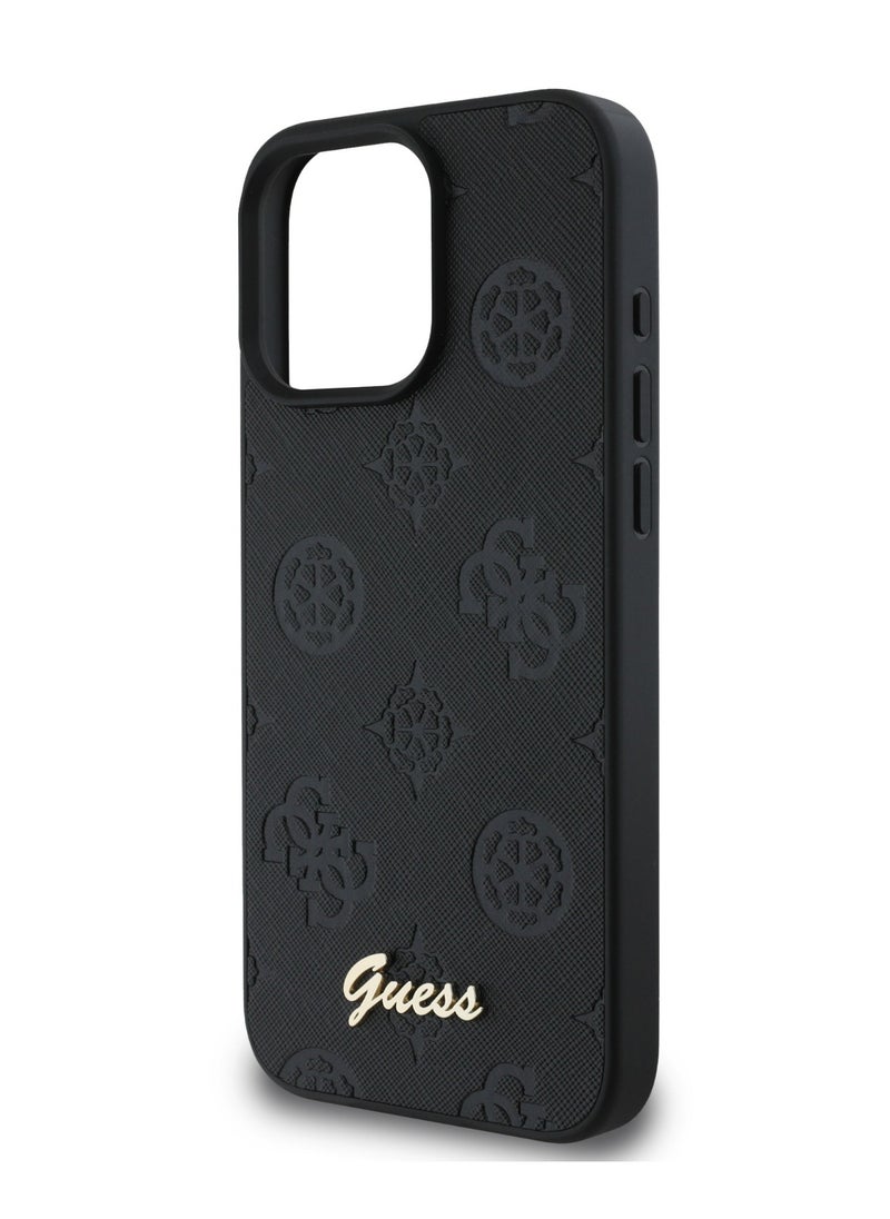 GUESS - PU Case With Peony Hot Stamp and Metal Script Logo for iPhone 16 Pro / Ultimate Protection / Durable Back Cover  - Black - Image 1