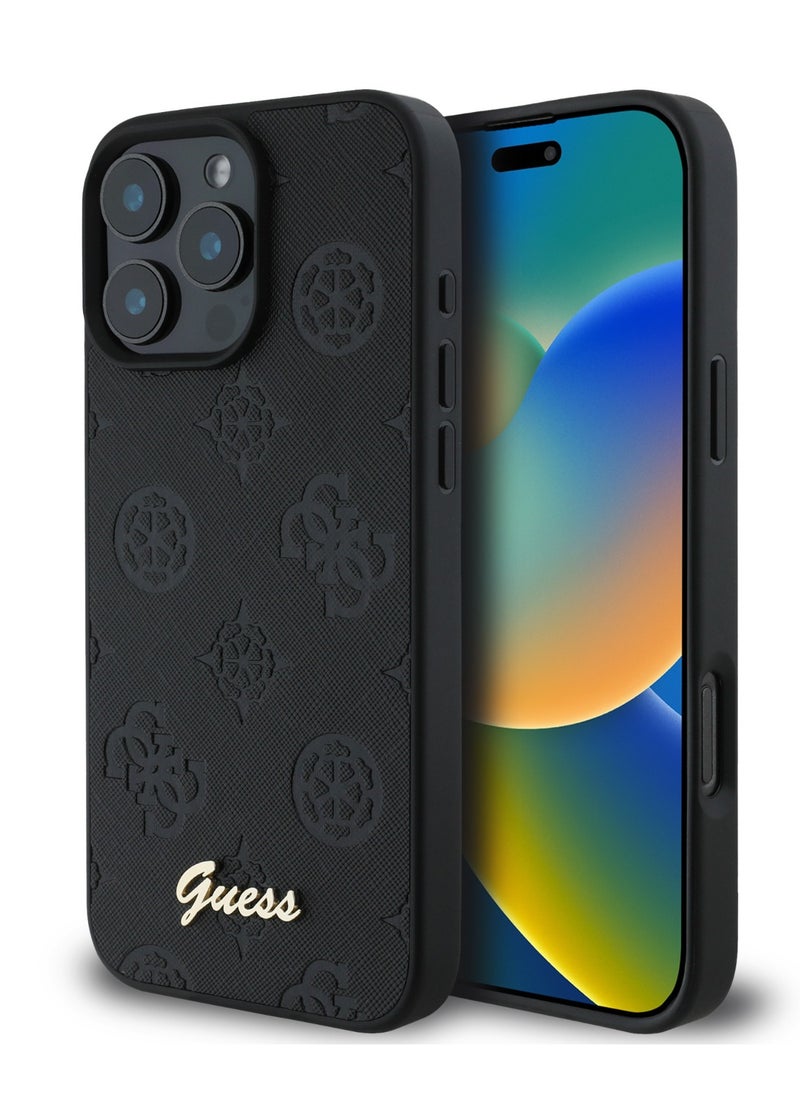 GUESS - PU Case With Peony Hot Stamp and Metal Script Logo for iPhone 16 Pro / Ultimate Protection / Durable Back Cover  - Black - Image 1