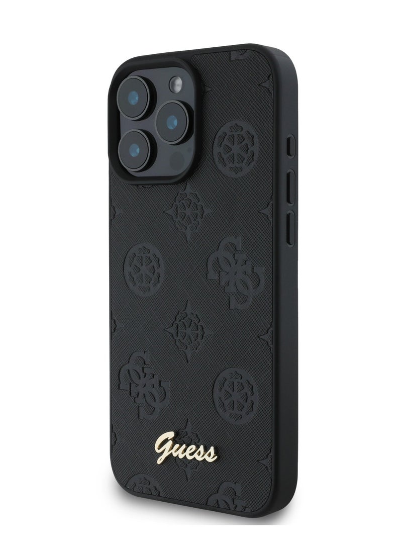 GUESS - PU Case With Peony Hot Stamp and Metal Script Logo for iPhone 16 Pro / Ultimate Protection / Durable Back Cover  - Black - Image 1