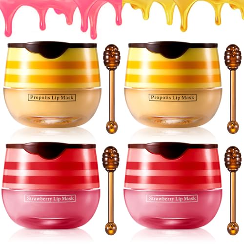 FYEBOO Lip Balm Vitamin E Moisturizing Propolis Sleeping Mask Effective Reduces Lines Prevention of Dry and Cracked Lips Nourishing Dry Lip Care 2 Packs Strawberry 2 Packs Honey 19Oz - Image 1