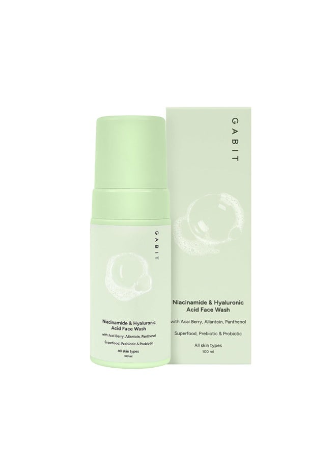 Gabit Niacinamide & Hyaluronic Acid Foaming Face Wash|Gently Cleanses, Non-Drying, Soothes|Vitamin B5, Acai Berry|Dry, Sensitive Skin Types|For Men & Women |Sulphate & Soap Free |100Ml - Image 1
