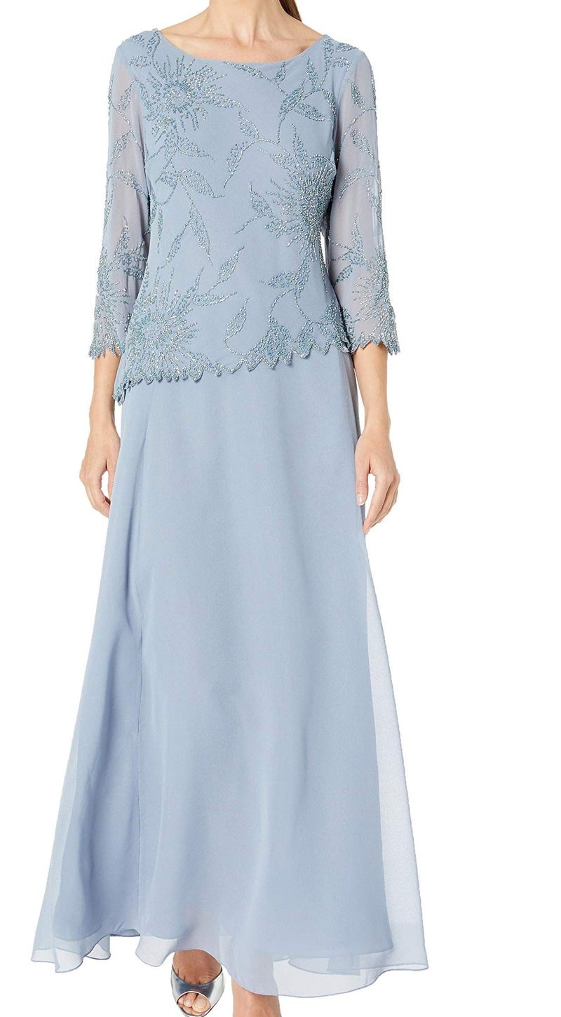 J Kara Women's Long Scoop Neck Asymetrical Beaded Dress, Dusty/Blue/Blue, 8 - Image 5