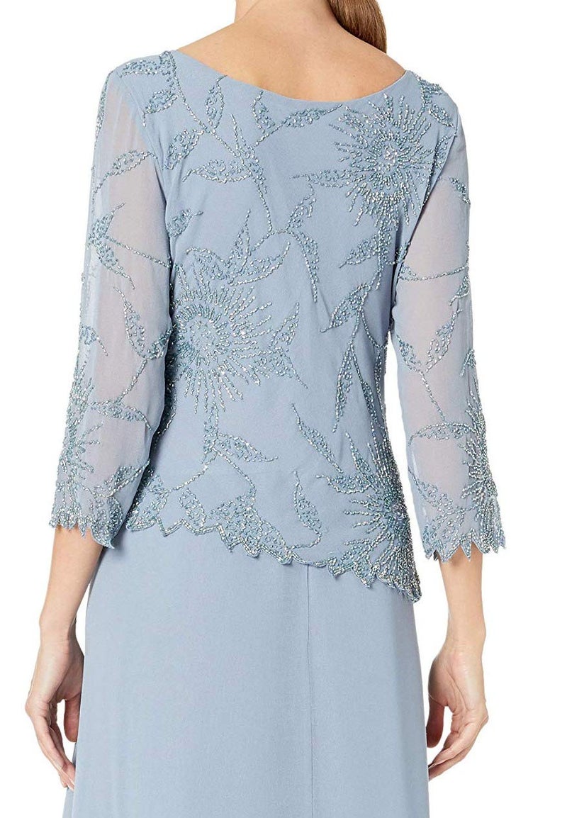 J Kara Women's Long Scoop Neck Asymetrical Beaded Dress, Dusty/Blue/Blue, 8 - Image 3