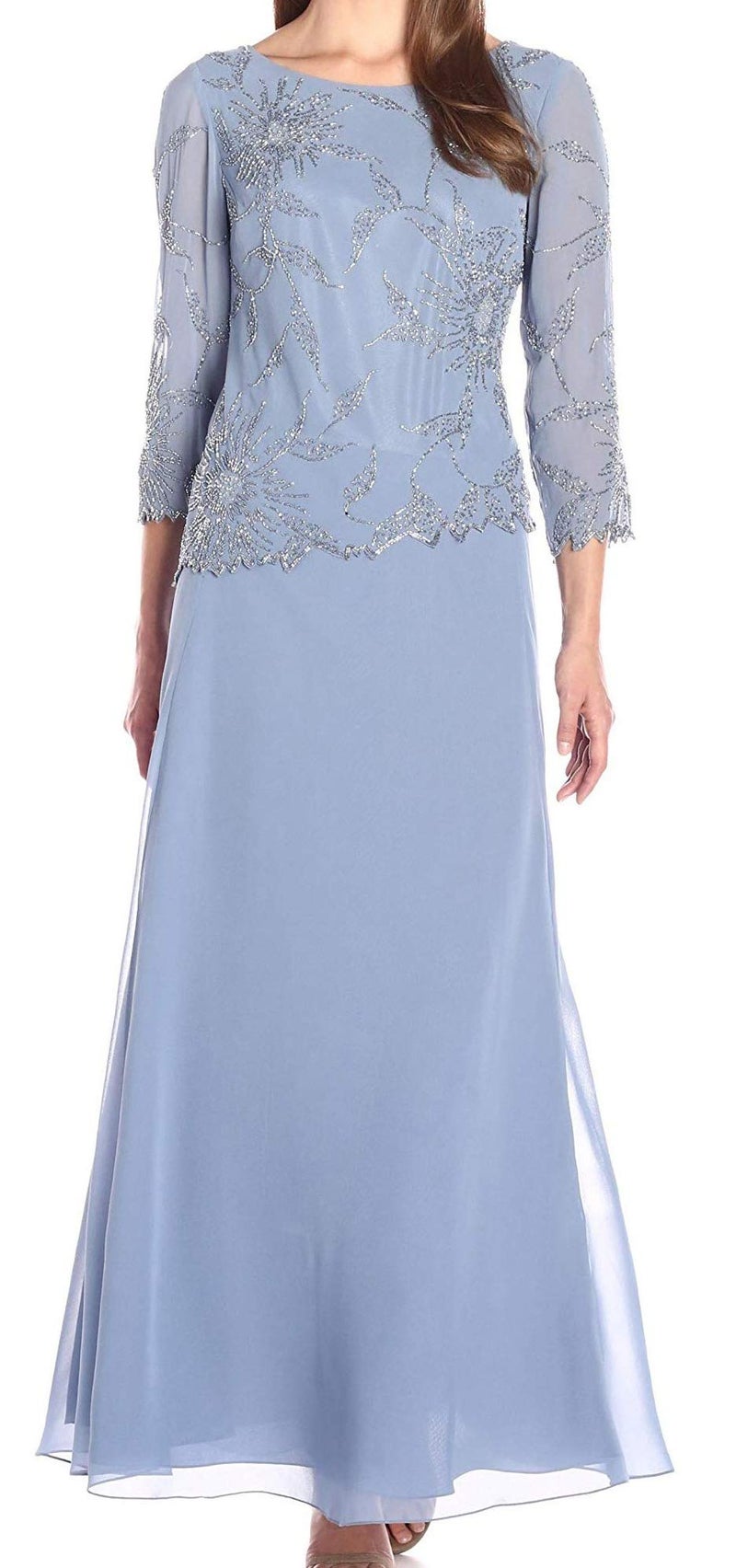 J Kara Women's Long Scoop Neck Asymetrical Beaded Dress, Dusty/Blue/Blue, 8 - Image 2