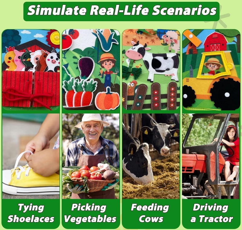 Moonmen Montessori Busy Book for Toddlers 1-3 - Farm Animals Quiet Busy Board for Boy Girl Gifts - Educational Activity Books Felt Learning Board Airplane Travel Toys (Farm B) - Image 4
