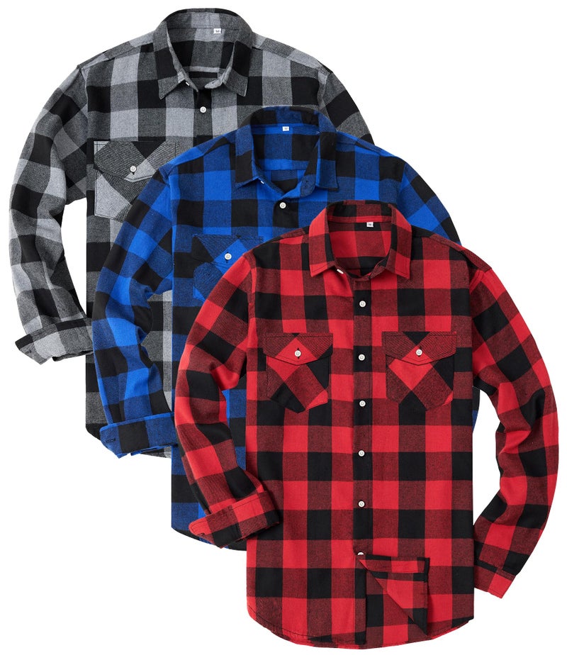 Kinglaman 3 Pack Mens Flannel Shirt Long Sleeve Plaid Shirts Casual Button Down Buffalo Plaid Checkered Cotton Jacket 1 Black-red 1 Black-Blue 1 Black-Gray X-Large - Image 1
