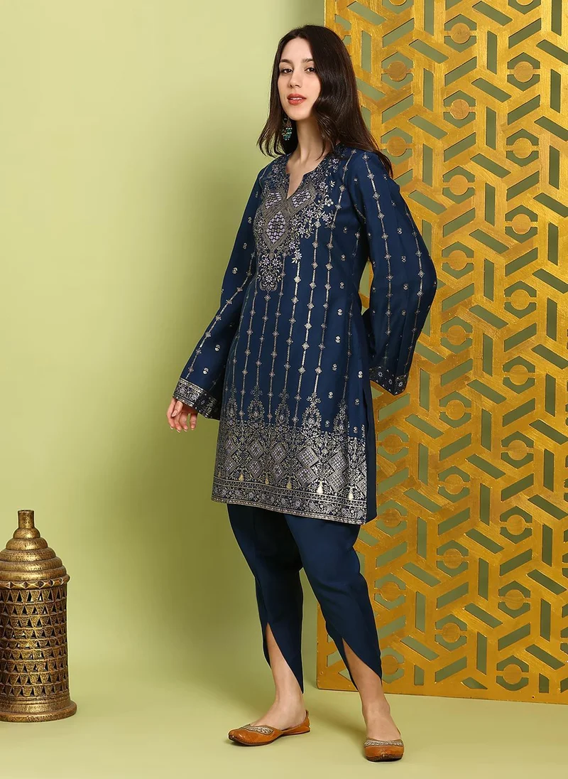 Globus Navy Blue Globus Women's Navy Blue Ethnic Motif Design Festive Kurta Set with Bell Sleeves and Dhoti Pants for Women | Best Price UAE
