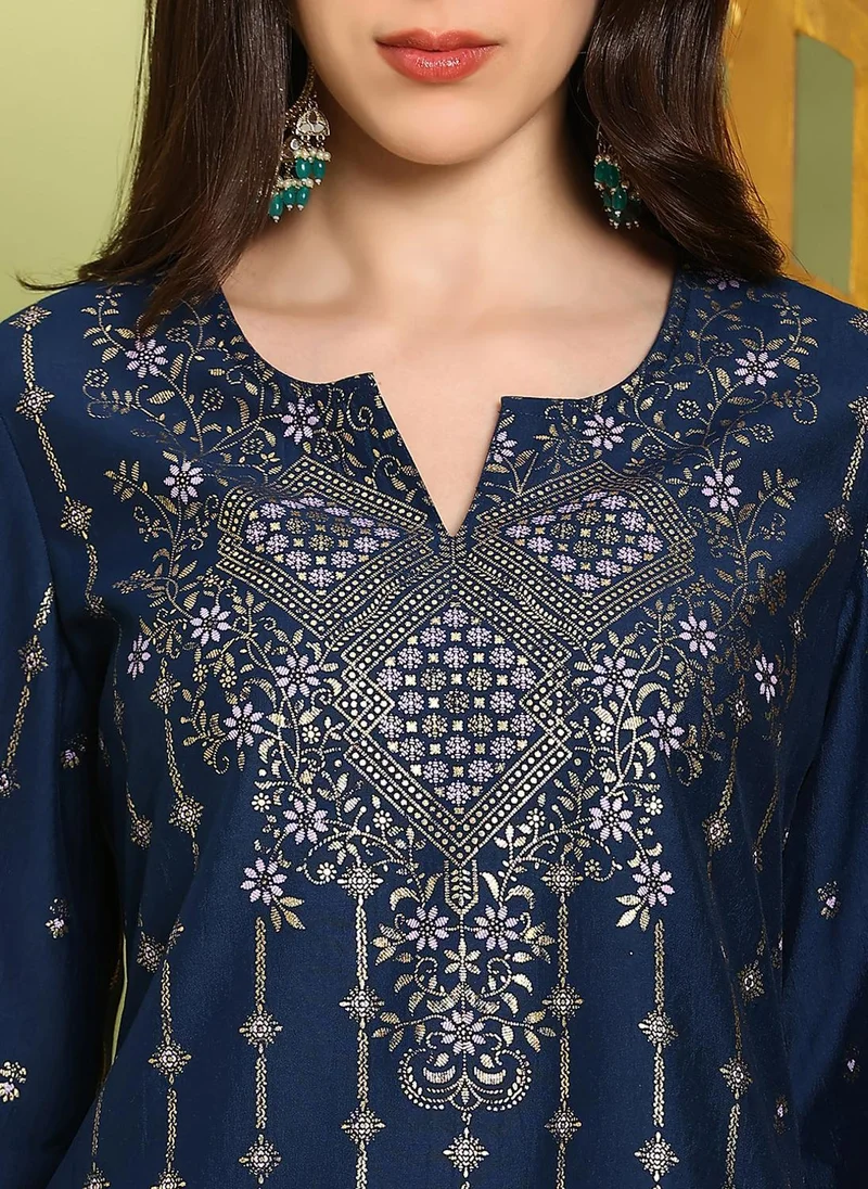 Globus Navy Blue Globus Women's Navy Blue Ethnic Motif Design Festive Kurta Set with Bell Sleeves and Dhoti Pants for Women | Best Price UAE