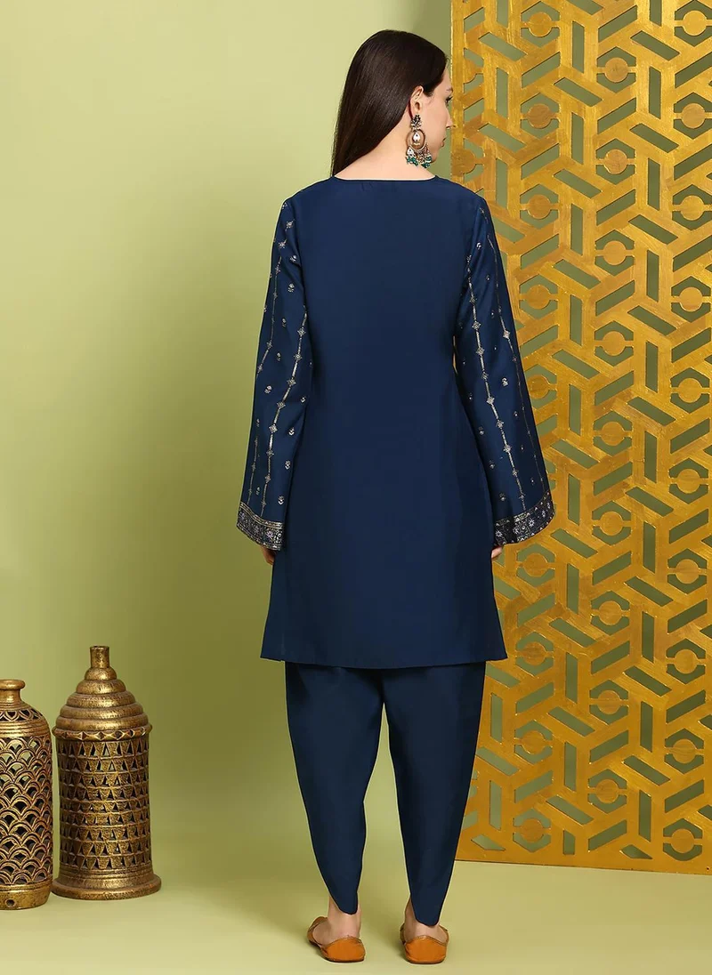 Globus Navy Blue Globus Women's Navy Blue Ethnic Motif Design Festive Kurta Set with Bell Sleeves and Dhoti Pants for Women | Best Price UAE