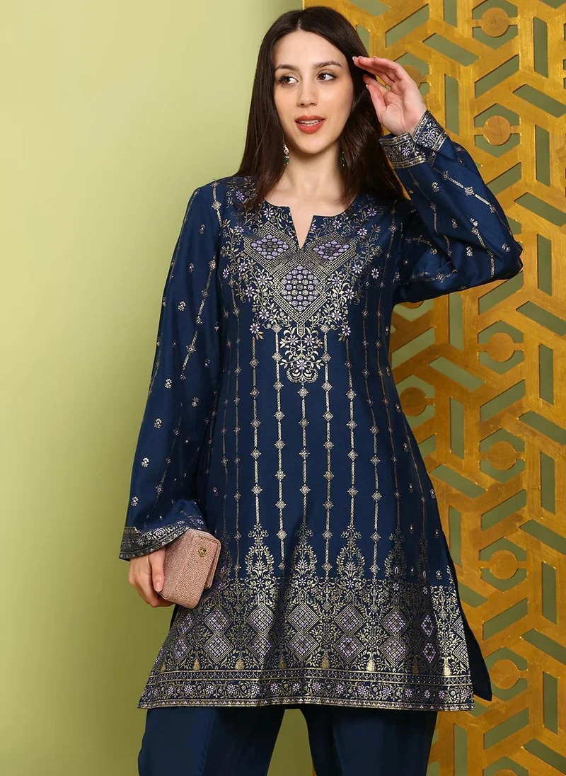Globus Navy Blue Globus Women's Navy Blue Ethnic Motif Design Festive Kurta Set with Bell Sleeves and Dhoti Pants for Women | Best Price UAE