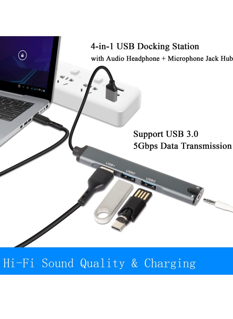 USB Hub 4-in-1 USB Docking Station with 3.5 mm Audio Headphone Microphone Jack Hub Adapter USB 3.0 Multiport Allocator for Laptop Phone Headphone