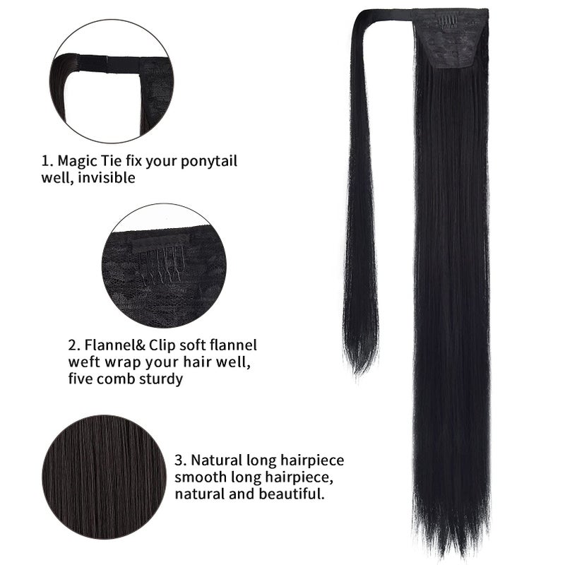 SEIKEA 35 Inch Clip in Ponytail Extension Wrap Around Long Straight Pony Tail Hair Synthetic Hairpiece for Women - Black - Image 4