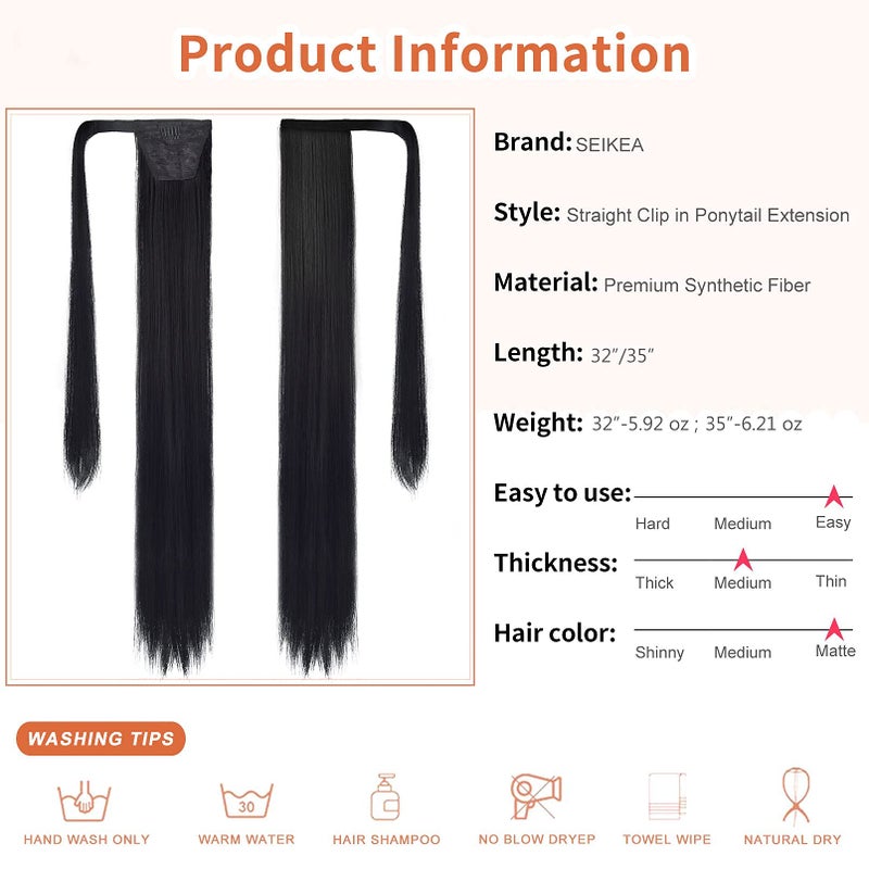 SEIKEA 35 Inch Clip in Ponytail Extension Wrap Around Long Straight Pony Tail Hair Synthetic Hairpiece for Women - Black - Image 3