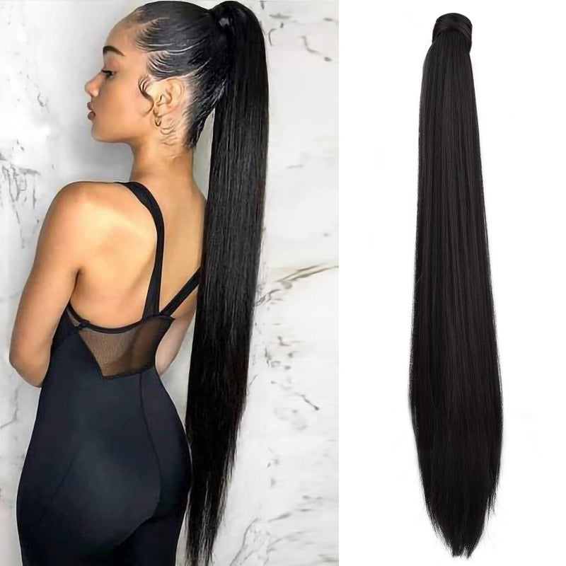 SEIKEA 35 Inch Clip in Ponytail Extension Wrap Around Long Straight Pony Tail Hair Synthetic Hairpiece for Women - Black - Image 1