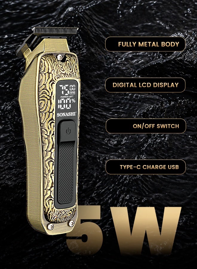 SONASHI Cordless Hair Trimmer for Men T-Blade, Metal Body, LCD Display, 3000mAh Battery, 4H Runtime, Type-C Charging, Travel Lock, 5 Comb Attachments SHC-1066 Gold gold - Image 3
