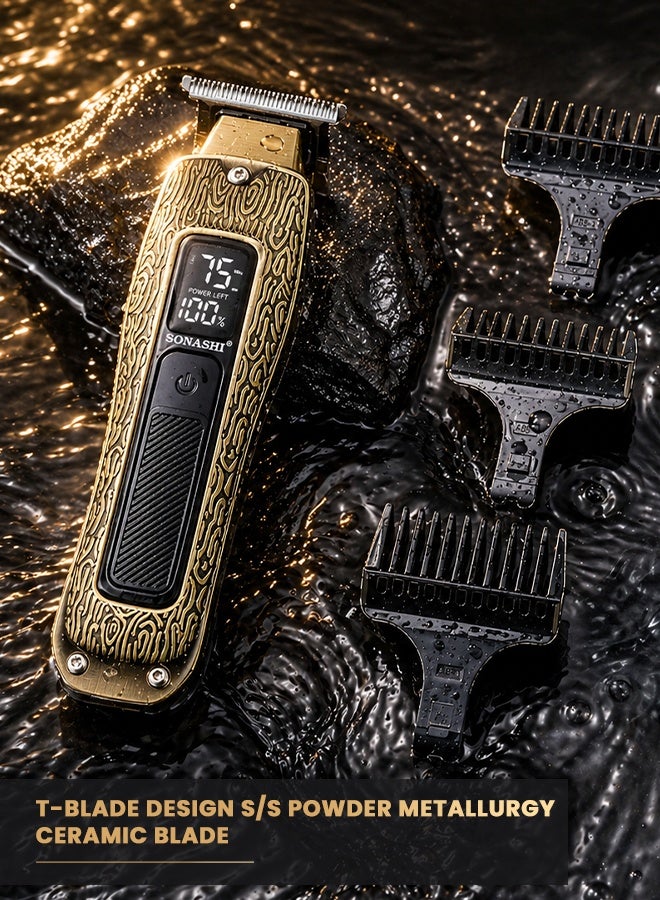 SONASHI Cordless Hair Trimmer for Men T-Blade, Metal Body, LCD Display, 3000mAh Battery, 4H Runtime, Type-C Charging, Travel Lock, 5 Comb Attachments SHC-1066 Gold gold - Image 2