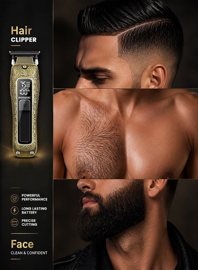 SONASHI Cordless Hair Trimmer for Men T-Blade, Metal Body, LCD Display, 3000mAh Battery, 4H Runtime, Type-C Charging, Travel Lock, 5 Comb Attachments SHC-1066 Gold gold - Image 5