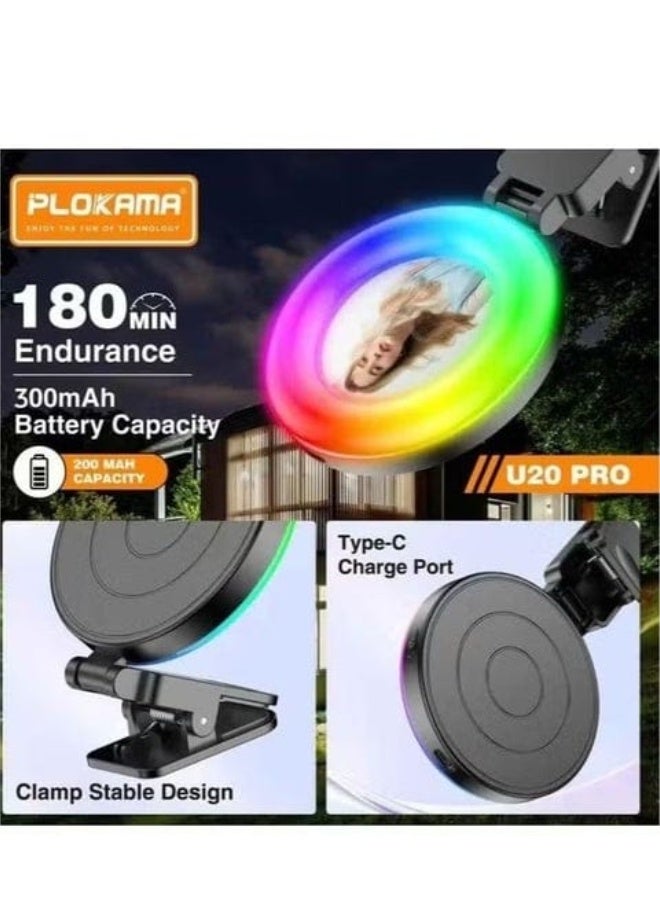 التخطيط مصباح سيلفي PLOKAMA U20 PRO LED + إضاءة تعبئة RGB | مصباح سيلفي قابل لإعادة الشحن بمشبك، 300 مللي أمبير، مع مرآة - Image 4