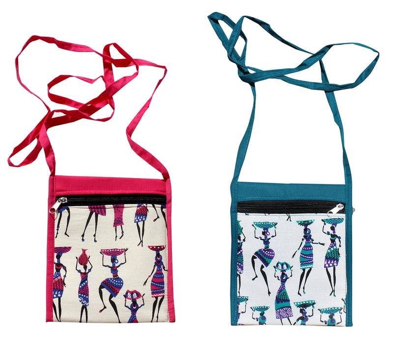 Mandhania Warli Printed Cotton Sling Bags for Womens Pack of 2 Multicolor - Image 1