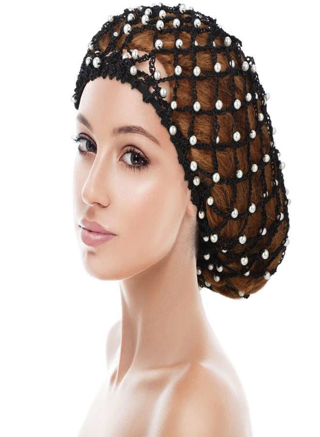 MTLEE 2 Pcs Black Mesh Crochet Pearl Hair Snood Rayon Knit Crocheted Sleeping Cap Net for Women Long Curly Hair - Image 4