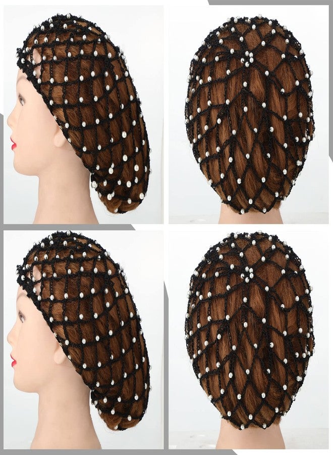 MTLEE 2 Pcs Black Mesh Crochet Pearl Hair Snood Rayon Knit Crocheted Sleeping Cap Net for Women Long Curly Hair - Image 5
