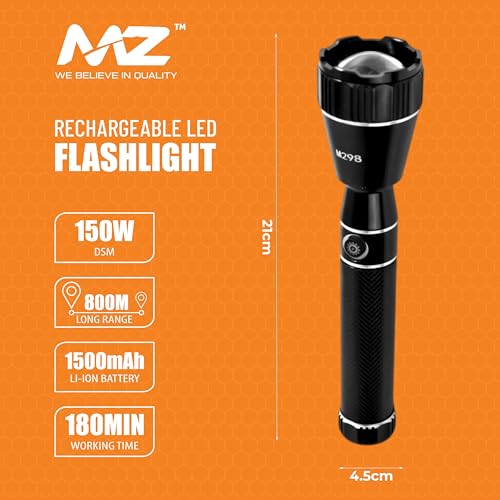 MZ M298 (Rechargeable LED Metal Torch) Zoomable Super Bright 150W with 1500mAh Battery & 3 Modes Flashlight (Black) - Image 2