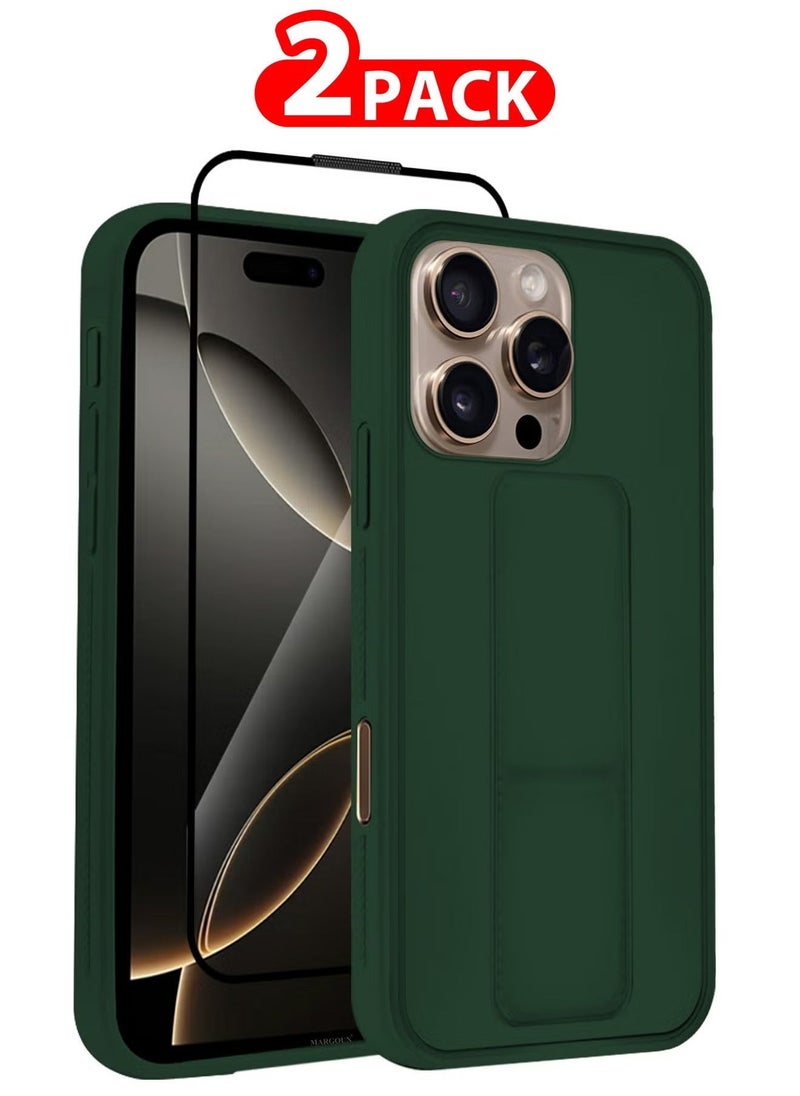 Raxoom 2-Pack Premium PU Leather Case & Screen Protector for iPhone 16 Pro Max â€“ Shockproof, Anti-Scratch, Stand Function, Finger Grip Case Cover (Green) - Image 1