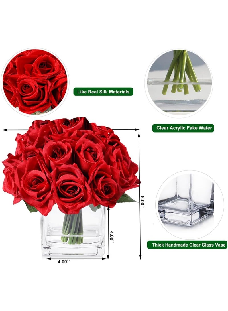 LATIFA 18 Heads Artificial Silk Red Rose Flowers Arrangement in Clear Glass Vase with Fake Water for Home Decor, Wedding, Dining Table - Image 3