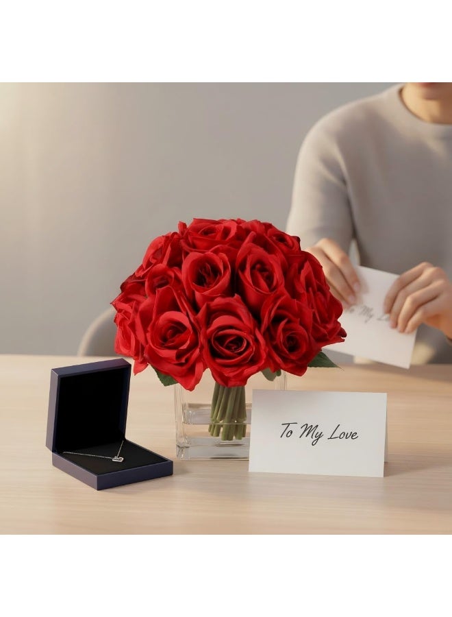 LATIFA 18 Heads Artificial Silk Red Rose Flowers Arrangement in Clear Glass Vase with Fake Water for Home Decor, Wedding, Dining Table - Image 2