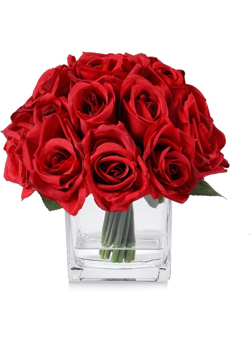 LATIFA 18 Heads Artificial Silk Red Rose Flowers Arrangement in Clear Glass Vase with Fake Water for Home Decor, Wedding, Dining Table - Image 1