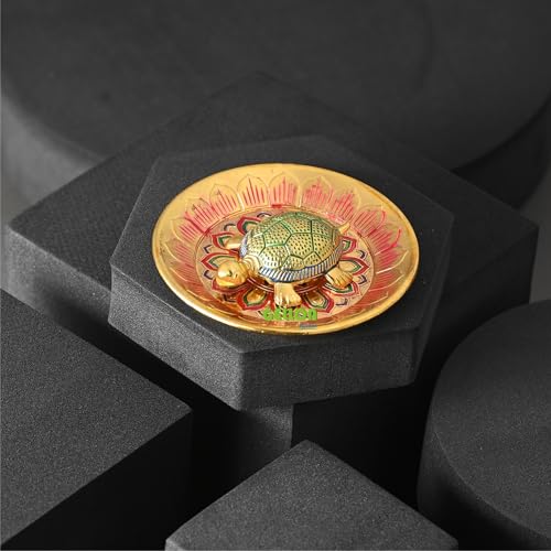 Gellon Brass Turtle Kachua for Good Luck, Yantra, Shri Yantra Kachua, Tortoise On Plate, Feng Shui Home Décor, Tortoise for Good Luck in Multicolor Gold Finish with Yantra On Turtle (Multicolor) - Image 1