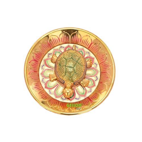 Gellon Brass Turtle Kachua for Good Luck, Yantra, Shri Yantra Kachua, Tortoise On Plate, Feng Shui Home Décor, Tortoise for Good Luck in Multicolor Gold Finish with Yantra On Turtle (Multicolor) - Image 3