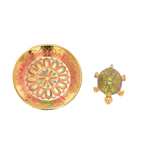 Gellon Brass Turtle Kachua for Good Luck, Yantra, Shri Yantra Kachua, Tortoise On Plate, Feng Shui Home Décor, Tortoise for Good Luck in Multicolor Gold Finish with Yantra On Turtle (Multicolor) - Image 4