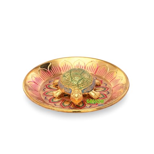 Gellon Brass Turtle Kachua for Good Luck, Yantra, Shri Yantra Kachua, Tortoise On Plate, Feng Shui Home Décor, Tortoise for Good Luck in Multicolor Gold Finish with Yantra On Turtle (Multicolor) - Image 2
