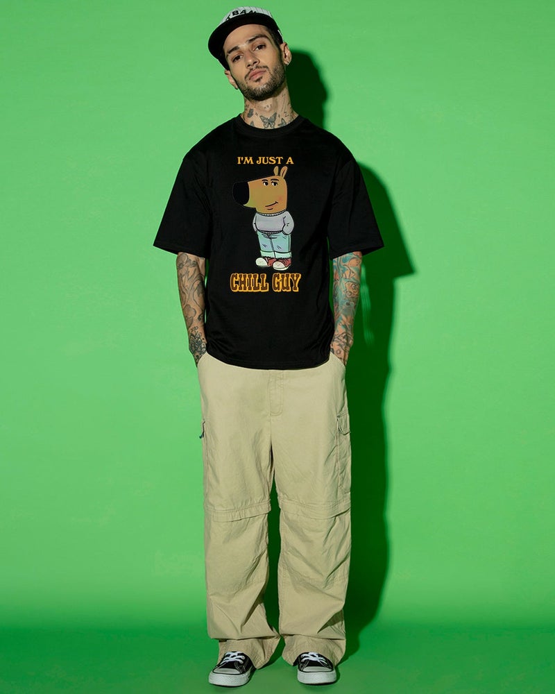 bewakoof Men's Black Chill Guy Graphic Printed Oversized T-shirt - Image 5
