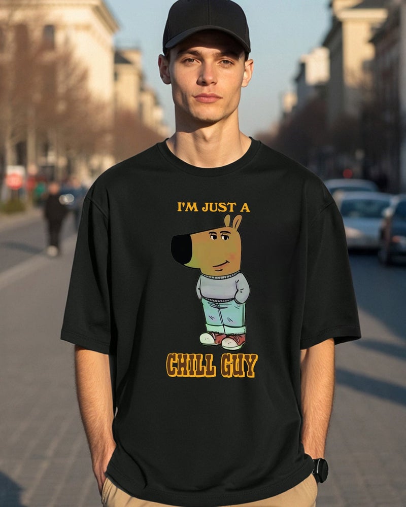 bewakoof Men's Black Chill Guy Graphic Printed Oversized T-shirt - Image 1