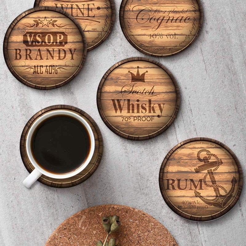 Britimes Set of 6 Coaster for Drinks Absorbent with Cork Base, Metal Holder, Wooden Texture Round Stone Drink Mat for Coffee Wood Table, Gift for Birthday, Farmhouse Housewarming Room Bar Decor - Image 4