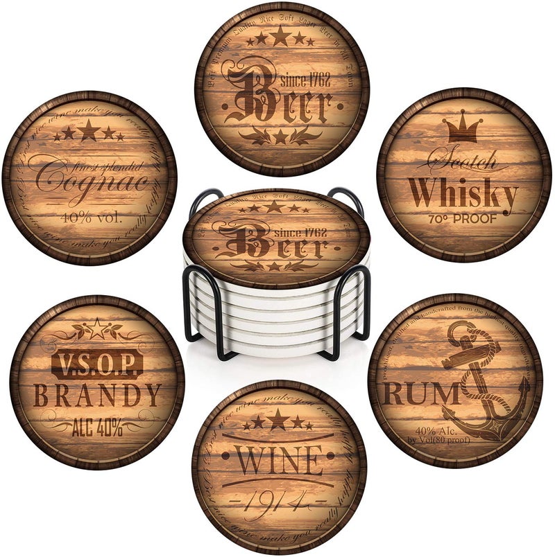 Britimes Set of 6 Coaster for Drinks Absorbent with Cork Base, Metal Holder, Wooden Texture Round Stone Drink Mat for Coffee Wood Table, Gift for Birthday, Farmhouse Housewarming Room Bar Decor - Image 1